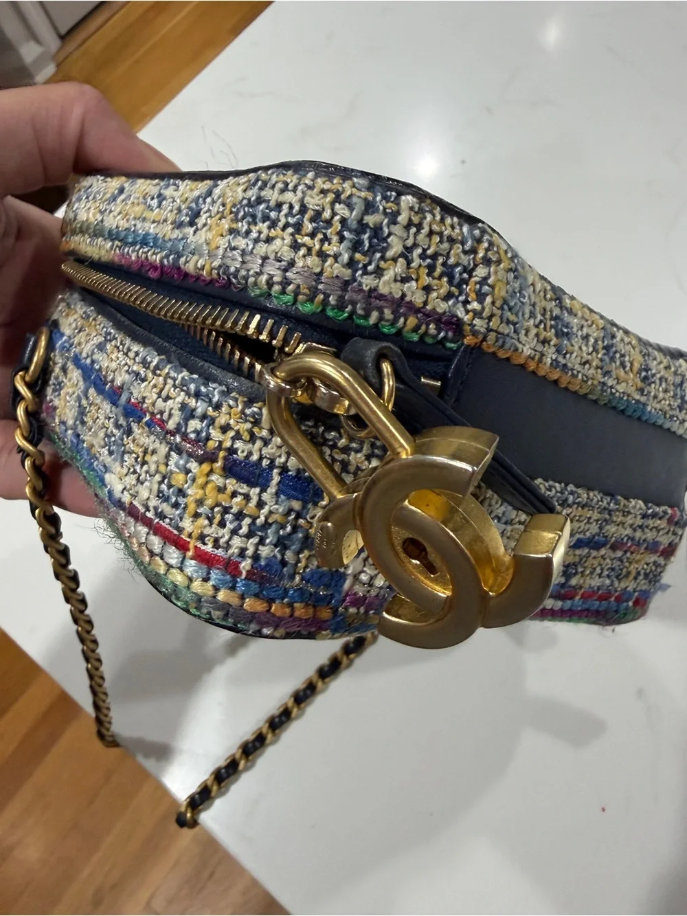 CHANEL Multicolor Tweed Vanity Crossbody with Navy Leather Trim
